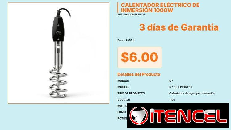 Inmersor 1000W Calentador Q7 110V Níquel, Calentador Inmersión Agua 1000W Q7 110V Cable VPT#-0513