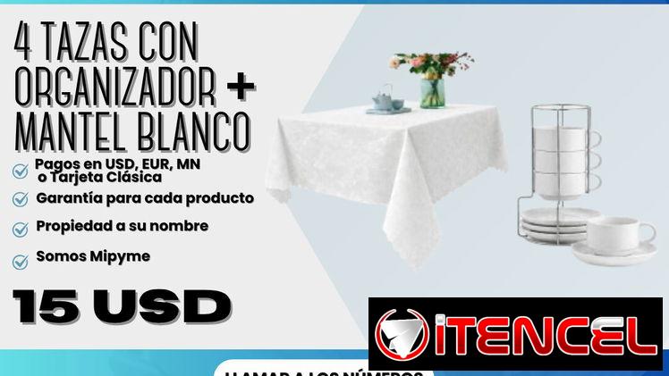 4 tazas con organizador + mantel blanco 💲 15 USD