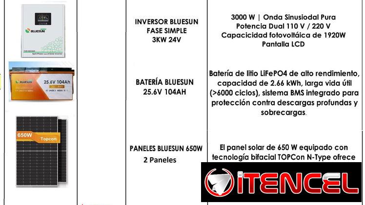 Kit de energía de 3KW. Inversor de 3KW 24V y Batería de 25,6v 104Ah y dos paneles solares de 650W