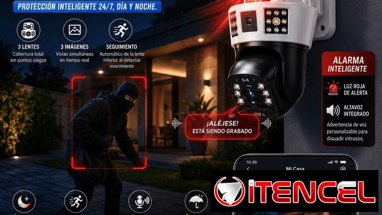 Cámara vigilancia 3 lentes/alarma: sireno e iluminación estroboscopica