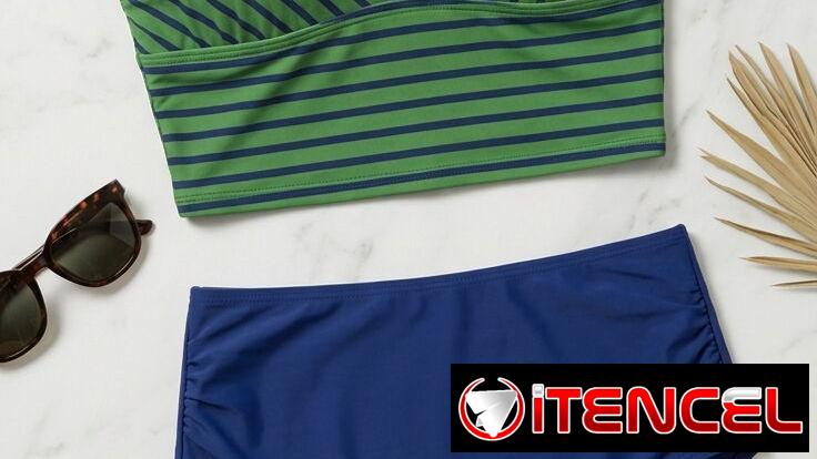 Trusa bikini talle alto de rayas verdes y azules, talla M. Top estilo crop top con líneas diagonales y horizontales, aco