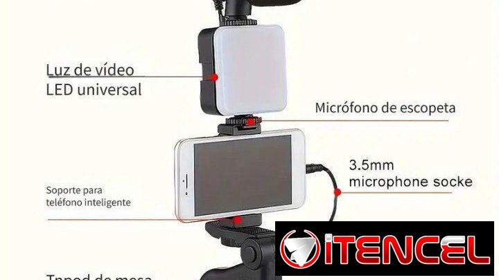 – Trípode para teléfono móvil con micrófono y luz led