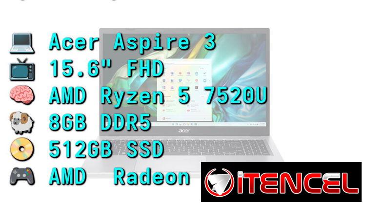 LAPTOP 🎁NUEVA🎁📦CAJA, Acer Aspire 3 (A315-24P-R2AG), 15.6″ FHD Tactil, AMD Ryzen 5 7520U, 8GB DDR5, Radeon, 512GB SSD