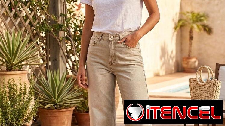 Pantalón campana beige toni arena jean con flecos 25