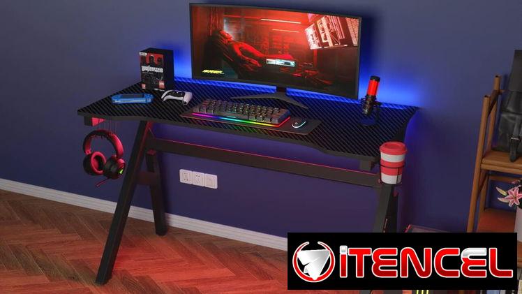 🎮🖥️ MESA GAMING 47″ BESTOFFICE FIBRA DE CARBONO ROJA CON PORTAVASOS Y SOPORTE AURICULARES ENVÍO DISPONIBLE* + GARANTÍA