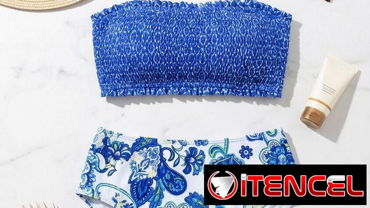 Trusa bikini talle alto azul con estampado Paisley, talla M. Conjunto llamativo con top estraple fruncido (estilo nido d