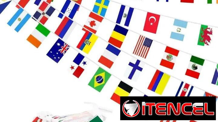 Banderas de 100 países del mundo, 30 metros de longitud y 100 banderillas de 14X21 cm.