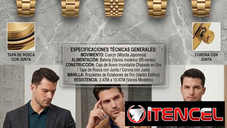 Relojes SALCO. Analógico de Pila/Batería, Manilla de Acero, Resistente al Agua 3ATM. WATER PROF. Color dorado, negro pla