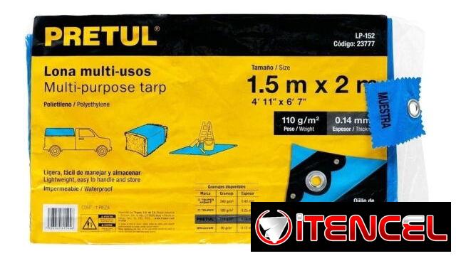 Lona multi-usos azul de polipropileno. Mide 1,5 x 2 metros
