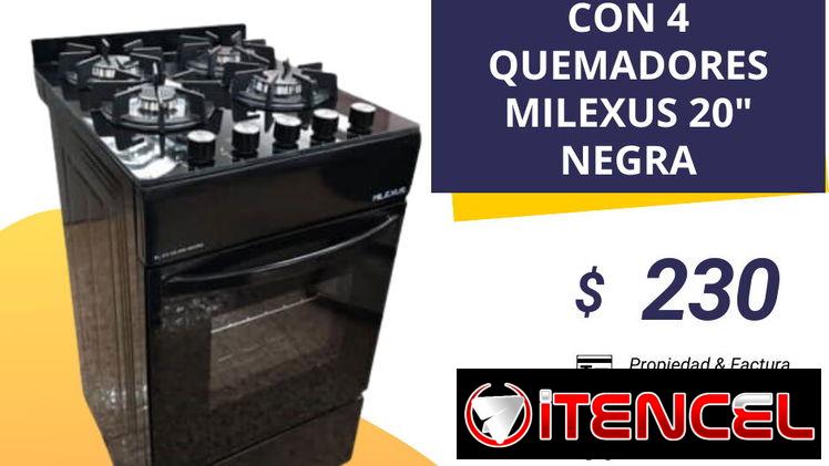 COCINA DE GAS CON 4 QUEMADORES Y 20″ NEGRA o PLATEADA MILEXUS