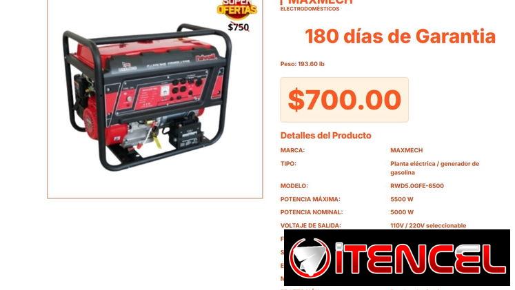 Generador Eléctrico Maxmech RWD5.0GFE-6500 de 193.60 lb de Construcción VPT#-0243