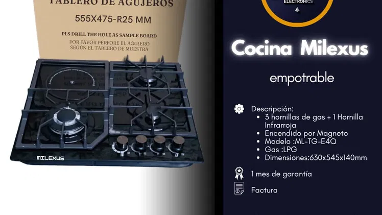 Cocina empotrable Milexus  3 hornillas de gas + 1 Hornilla Infrarroja