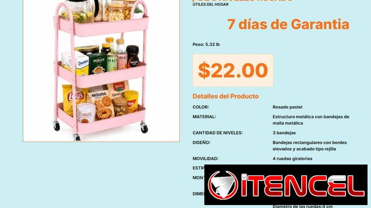 Carrito Auxiliar de Malla de Acero Rosado de 3 Pisos de Fácil Traslado VPT#-0463