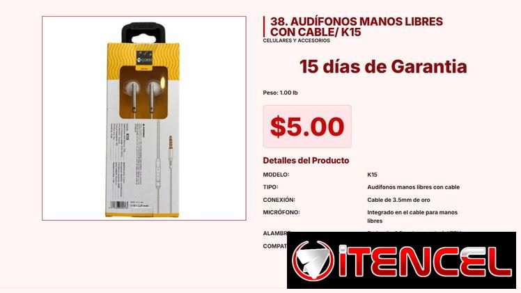 Solución de audio con este Audífonos manos libres con cable K15 VPT#-0009
