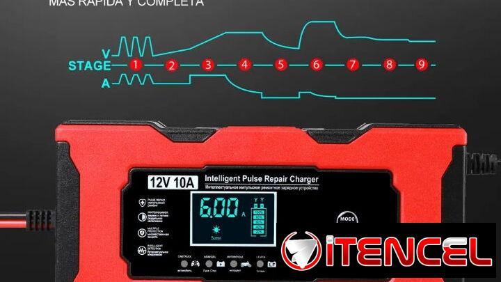 Cargador de batería inteligente, 12V 10A. Para todo tipo de batería, GEL, Ácido, LifePO4