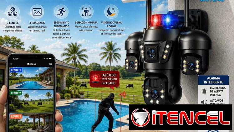 Cámara de seguridad de 3 lentes, 12MPX, Wifi.