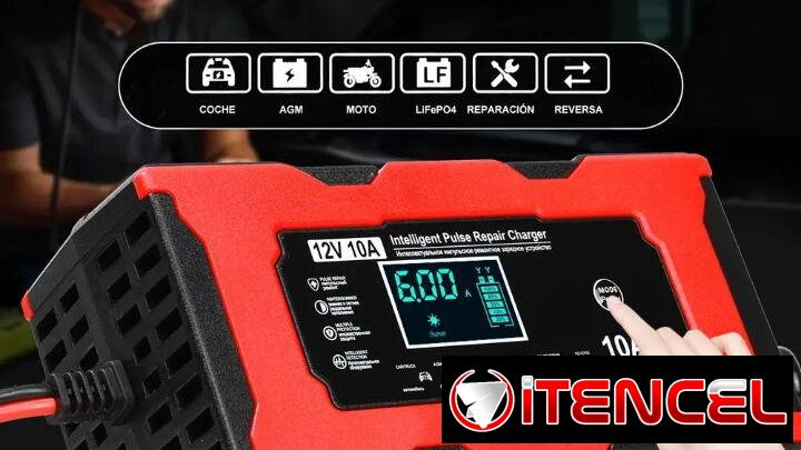 Cargador de batería inteligente, 12V 10A. Para todo tipo de batería, GEL, Ácido, LifePO4