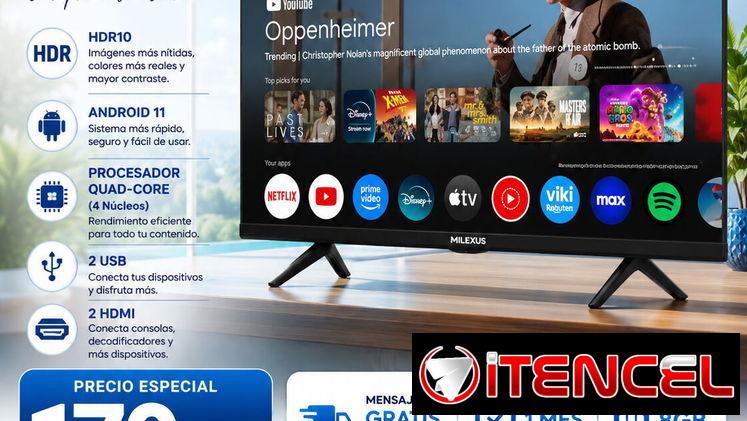 Smart TV MILEXUS 32” HDR10 ,Android 11 ,Procesador Quad-Core (4 Nucleos ),2 USB , 2 HDMI + Oferta 8GB de datos