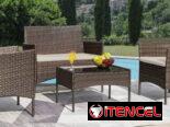 Juegos de terraza/Juego de rattan para exterior sofá de dos plazas y dos butacas con mesa de centro comuníca con Pedro