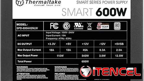Thermaltake Fuente de alimentación inteligente – 600W, 80 Plus, blanco, PFC activo, S/Cable