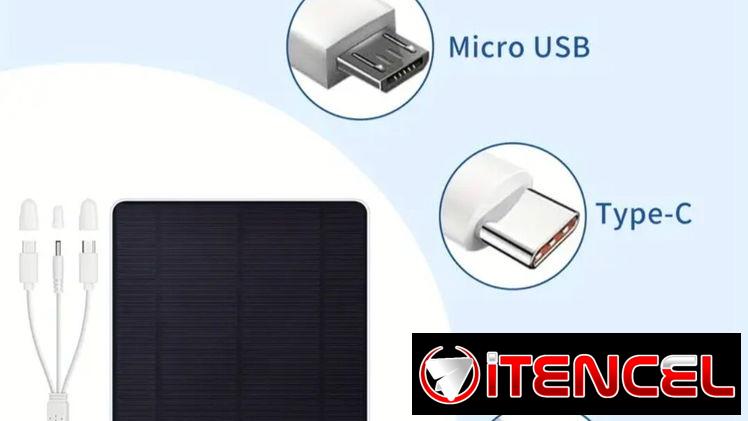 Panel solar para cámaras, celulares, tablets, powerbanks, ajustable a 360 grados y con varios conectores