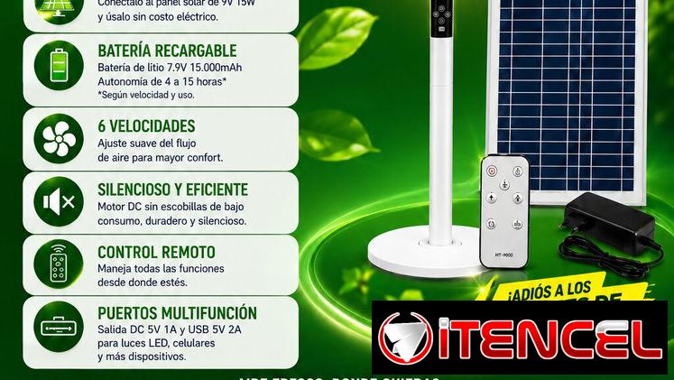 Ventilador de pedestal con panel solar.