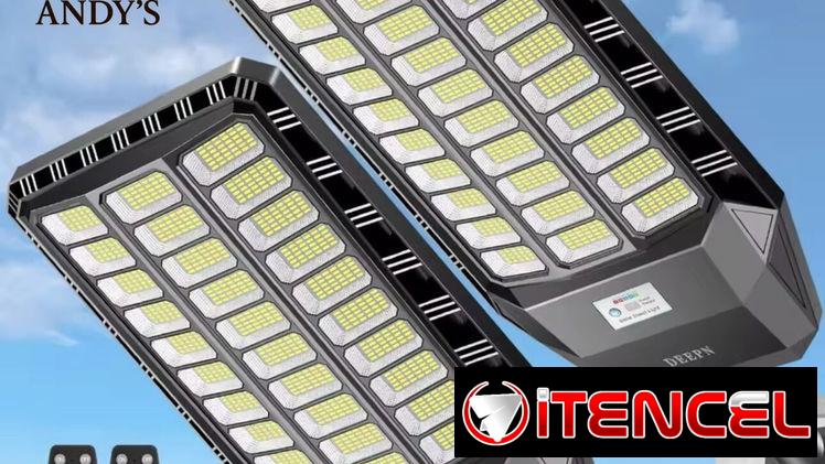 Lámpara solar grande y chiquitas. Para patios, fincas y otros exteriores. Con mando y sensor de movimiento.
