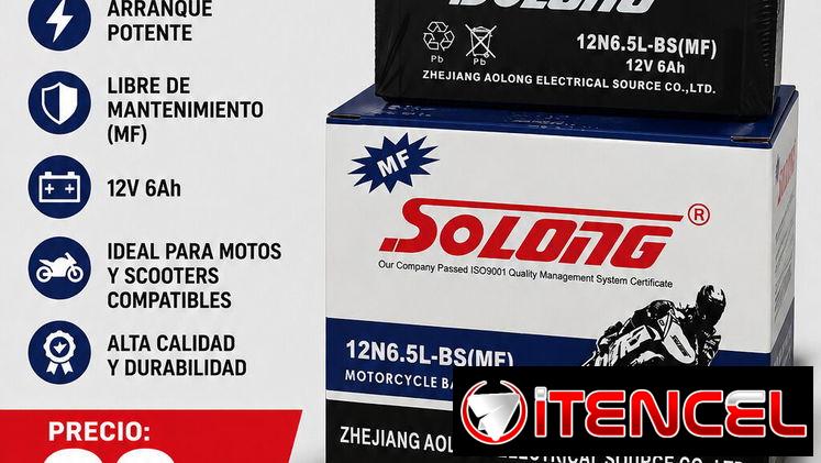 🔋 BATERÍA PARA MOTO SOLONG 12V 6Ah 🔋  ✅ Modelo: 12N6.5L-BS (MF) ✅ Voltaje: 12V ✅ Capacidad: 6Ah ✅ Libre de mantenimien