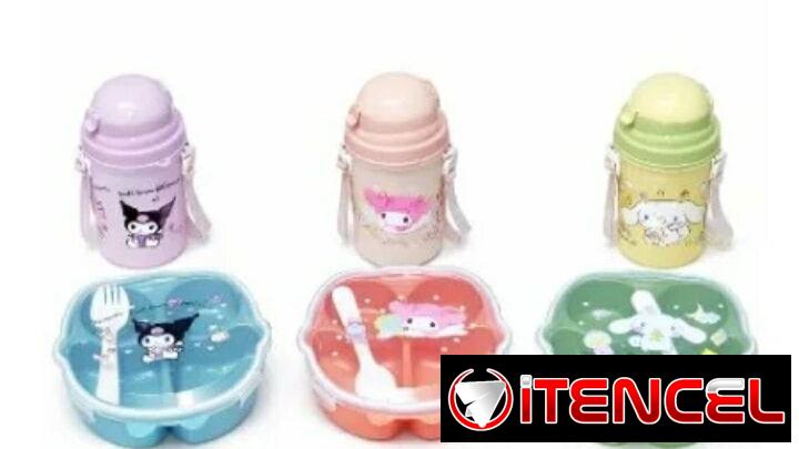 Lonchera infantil con compartimentos +botella con sorbete