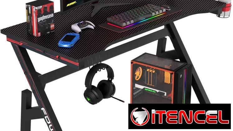 🎮🖥️ MESA GAMING 47″ BESTOFFICE FIBRA DE CARBONO ROJA CON PORTAVASOS Y SOPORTE AURICULARES ENVÍO DISPONIBLE* + GARANTÍA