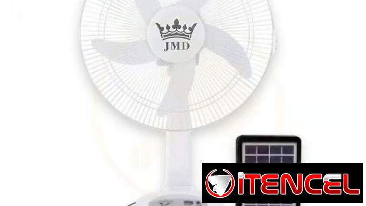 JMD Ventilador Recargable Solar y Por Corriente Directa, de 12″. Incluye dos Focos Led y Cable Para Cargar Celular. 80$
