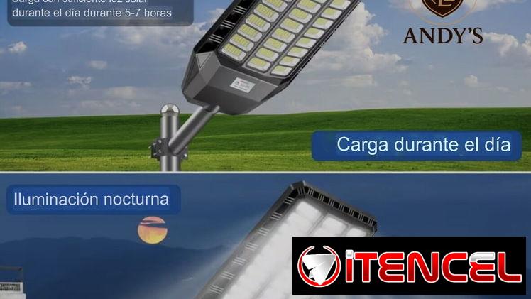 Lámpara solar grande y chiquitas. Para patios, fincas y otros exteriores. Con mando y sensor de movimiento.