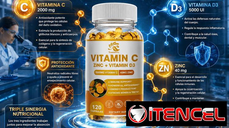 Frasco d 120 cápsulas de: Vitamina C, D3 y Zinc