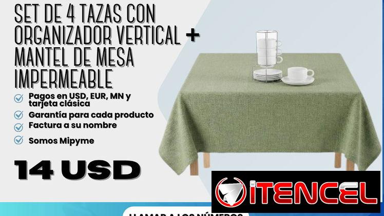 ☕ Set de 4 tazas con organizador vertical + 🍽️ mantel de mesa impermeable 90×90 cm 💲 14 USD
