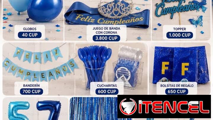 Cortinas de lluvias, globos látex, globos con temáticas, cartel Feliz cumpleaños, cuchara, # globos banda corona, vela