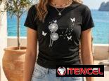 Camiseta de Estilo Casual con Diseño de Diente de León y Mariposas Rojo, Negra y Azul Talla S