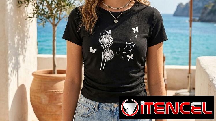 Camiseta de Estilo Casual con Diseño de Diente de León y Mariposas Rojo, Negra y Azul Talla S