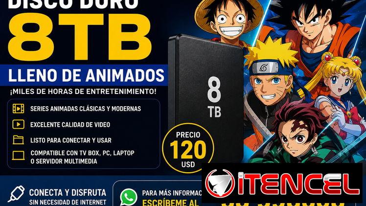 💾 DISCO DURO DE 8TB LLENO DE ANIMADOS – SOLO 120 USD 💾  ¿Buscas una colección enorme de animados lista para disfrutar?