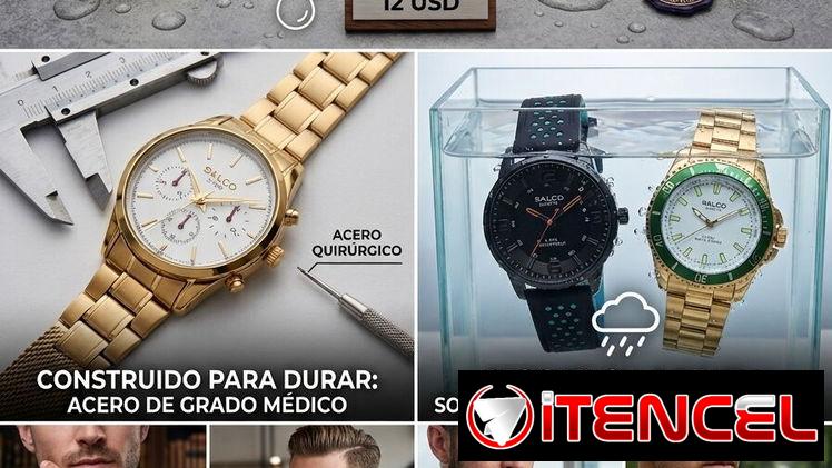 Relojes SALCO. Analógico de Pila/Batería, Manilla de Acero, Resistente al Agua 3ATM. WATER PROF. Color dorado, negro pla