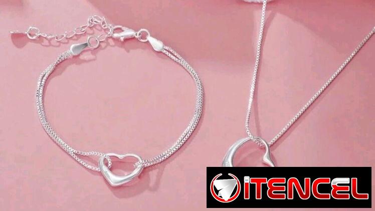 Conjunto de cadena y manilla  de plata  para mujer