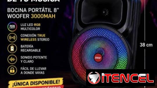 Bocina portátil 8″ con luz led, batería recargable y mircófono para karaoke