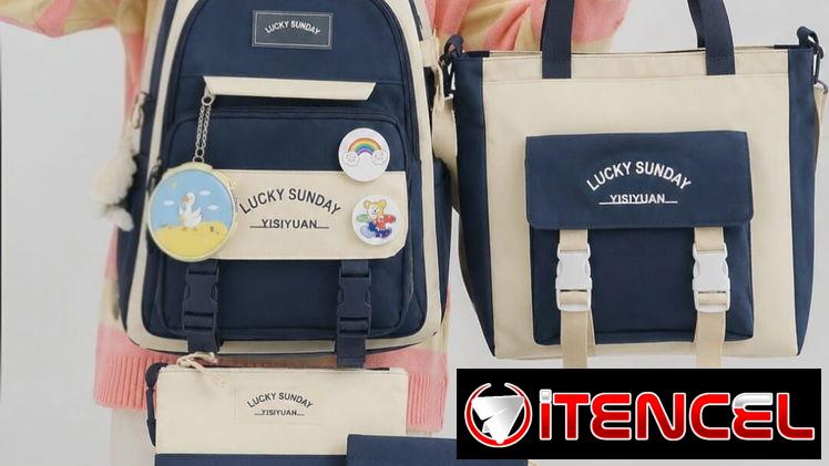 Set de mochila azul oscura y beig