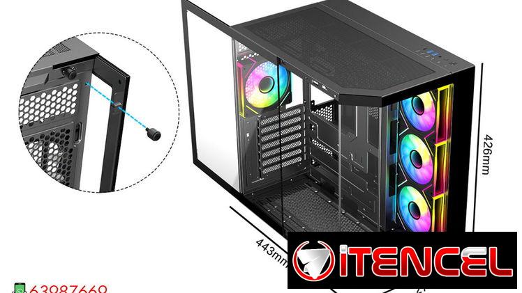 Chasis Gaming Semi panorámico marca DIYPC modelo ARGB-N3-BK + 4 fanes ARGB 120mm