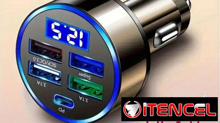 🔌Cargador de automóvil, carga rápida-Adaptador de Encendedor de Cigarrillos – 4 USB + PD con Voltímetro LED”