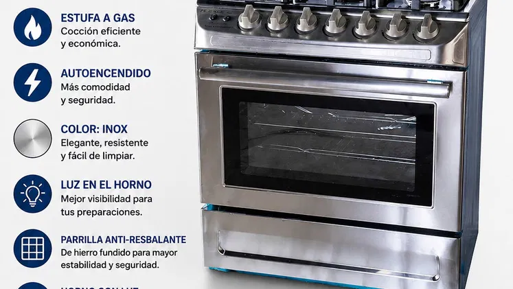 Estufa de Acero Inoxidable:  – Marca: Milexus – 5 quemadores  – Estufa a gas – Autoencendido –