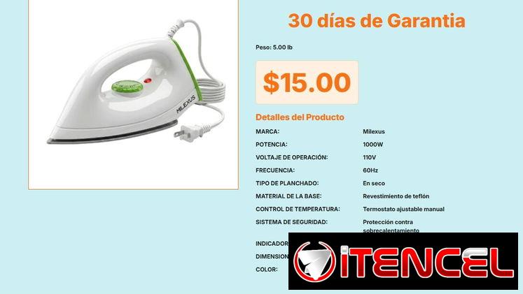 Plancha Milexus 1000W 20cm Longitud Base Teflón, Plancha Seca 20cm Milexus 1000W Base Antiadherente VPT#-0499