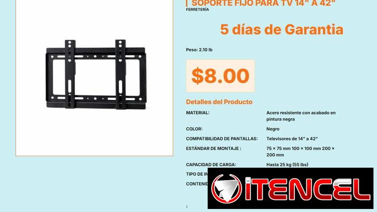 Soporte Fijo de Televisor 14-42 Pulgadas Acero, Soporte Fijo Acero 14-42″ Capacidad 25kg Negro VESA VPT#-0475