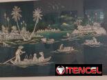 Artesanía china en laca. 2 cuadros con figuras a relieve
