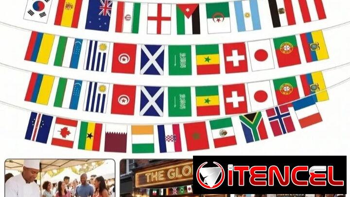 Cuerda con banderas de países al mundial 2026, 14 metros de banderas. 28cmX20cm cada bandera