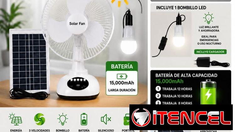 Ventilador de mesa recargable de 12 ” Solar Fan. Bombillo externo,  Bombillo interno,  Bateria :15mil mph
